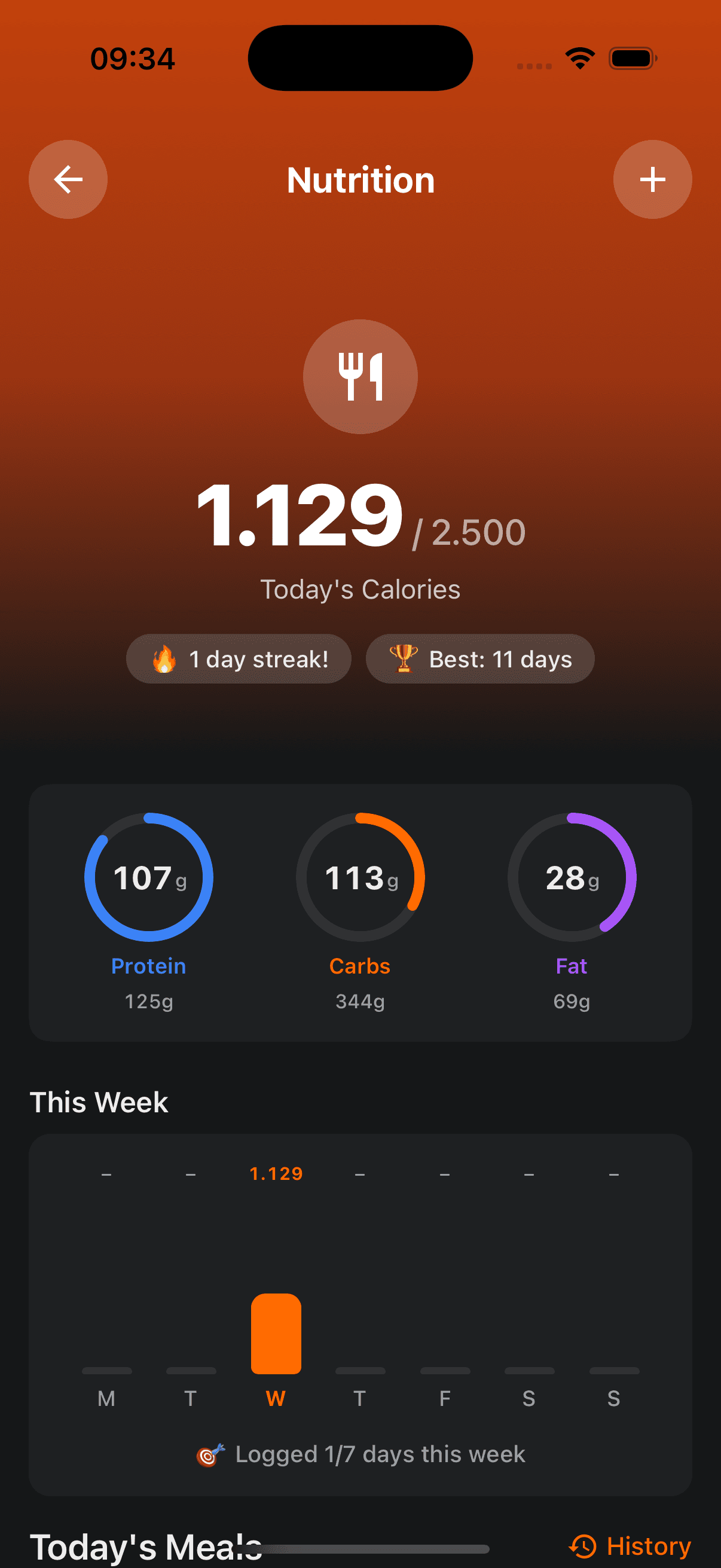 Nutrition dashboard showing calorie ring and macro progress bars