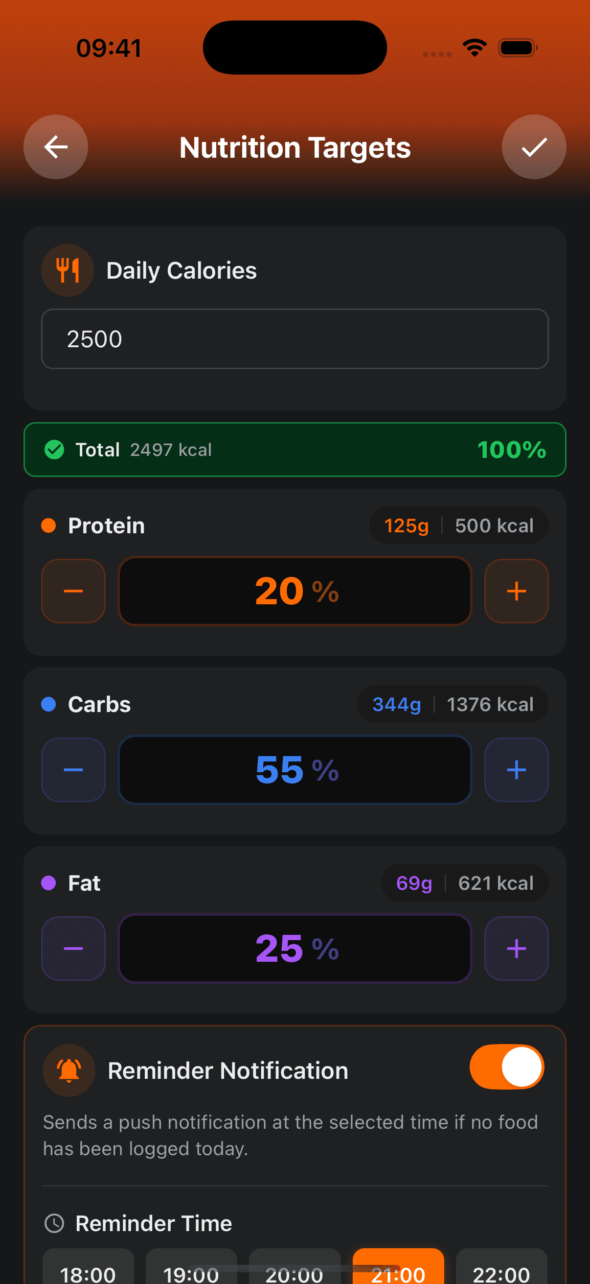 Nutrition targets screen with calorie goal and macro percentage controls