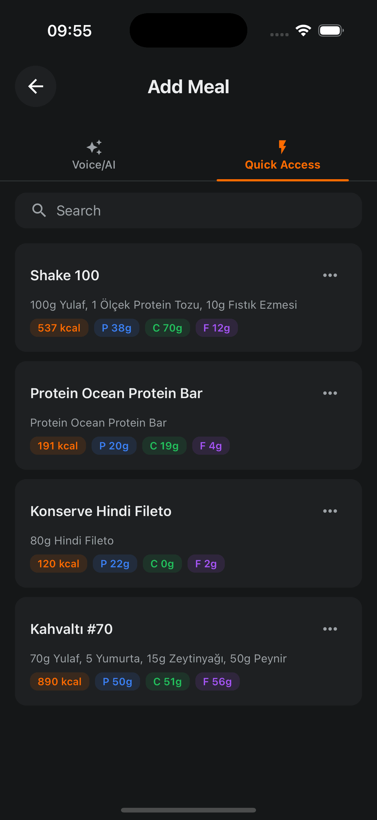 Quick access meals screen showing saved favorite meals for one-tap logging