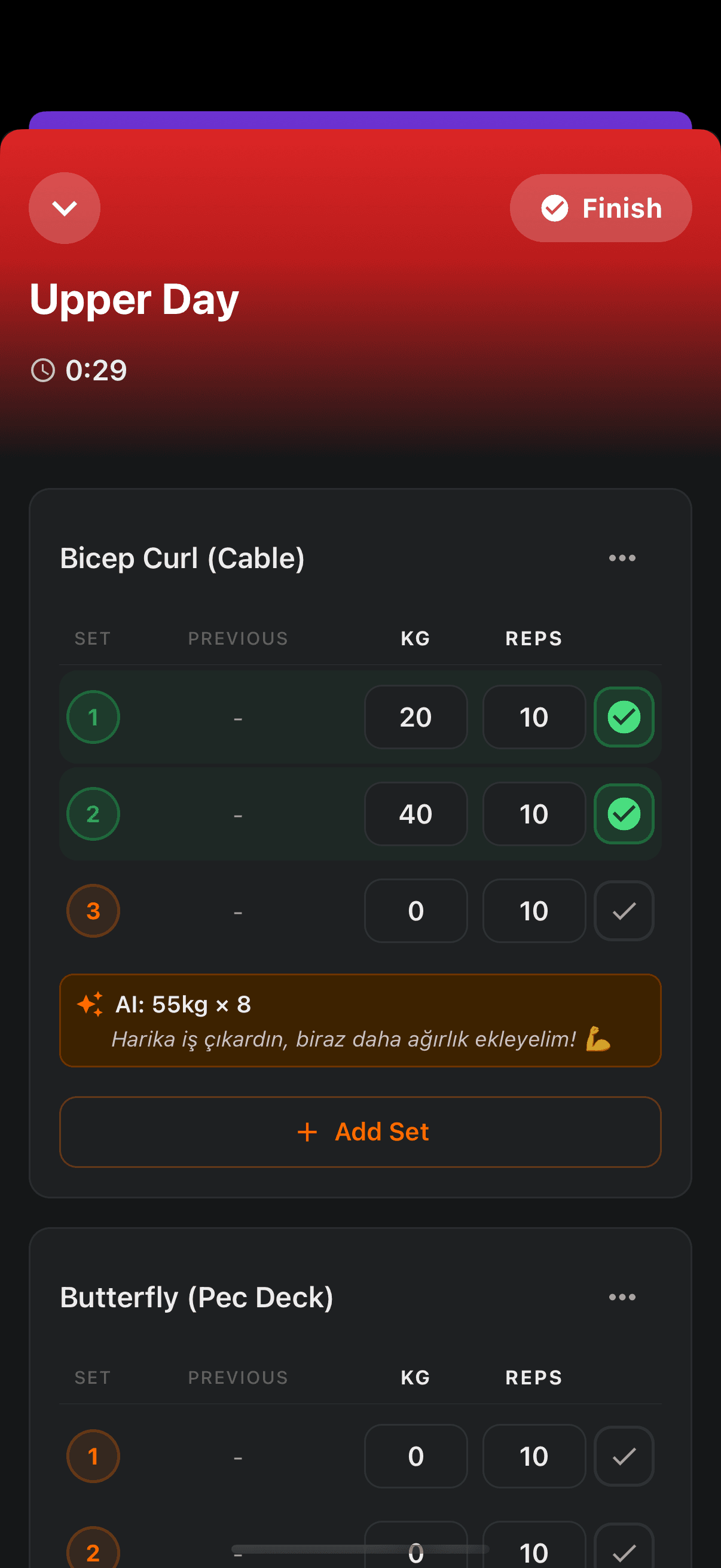 Active workout session with set logging, checkmarks, and AI weight suggestion