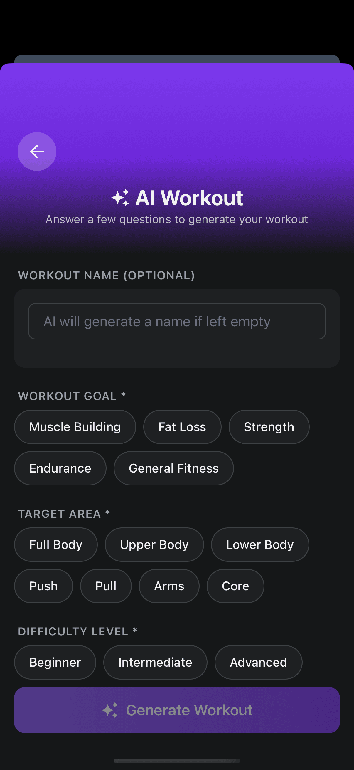 AI workout generator with goal, target area, and difficulty options