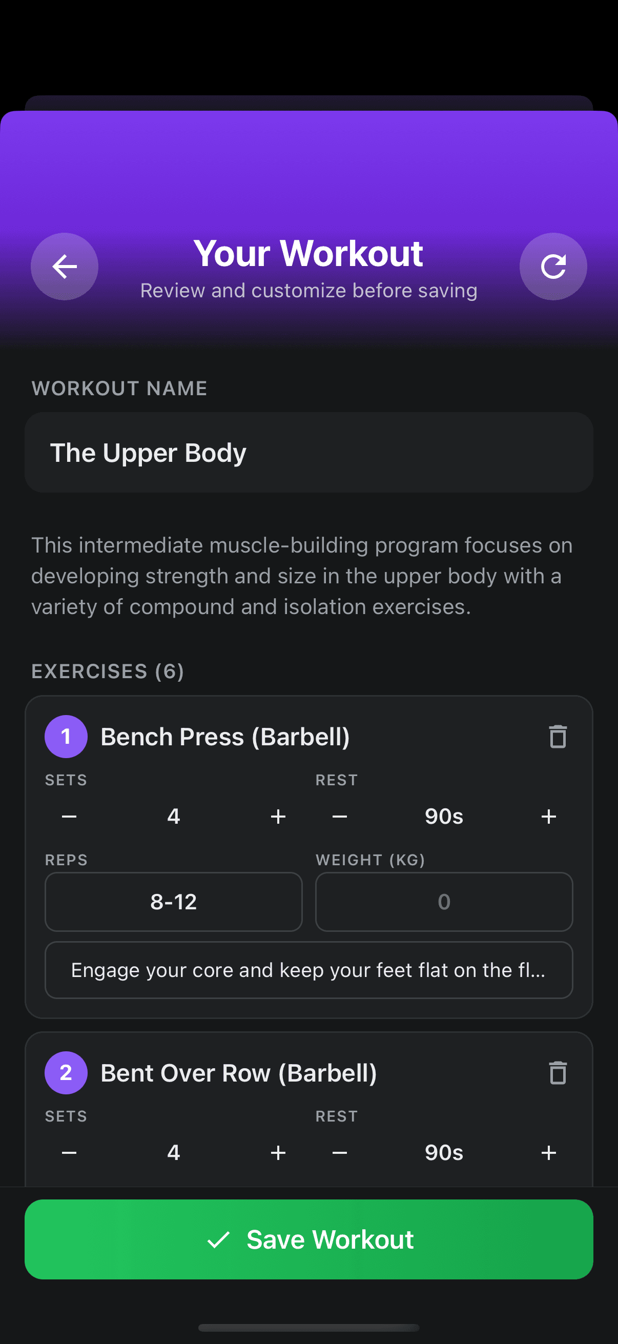 AI-generated workout with exercises ready to review and save