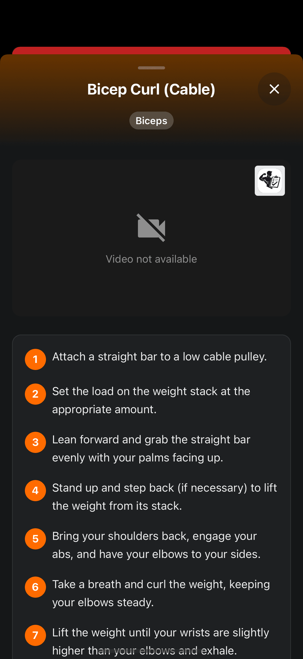 Exercise detail screen with step-by-step instructions