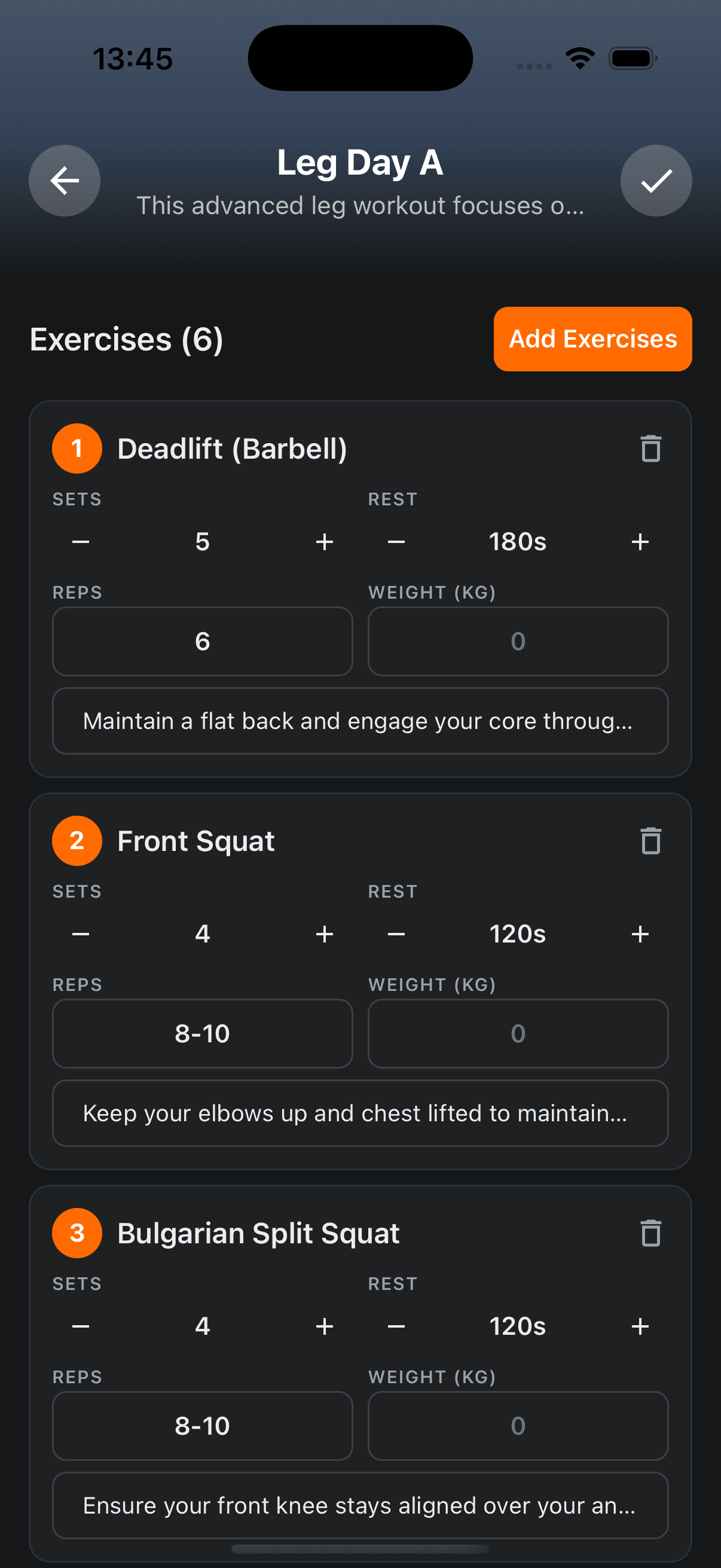 Program detail showing exercises with sets, reps, weight, and coaching notes