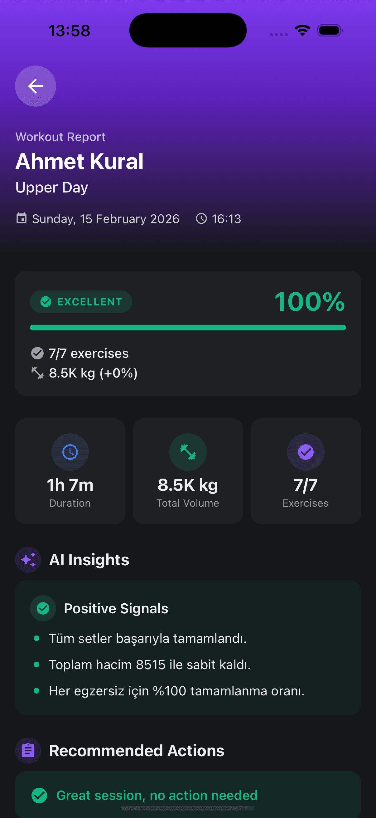 Workout report showing 100% completion, volume stats, and AI insights