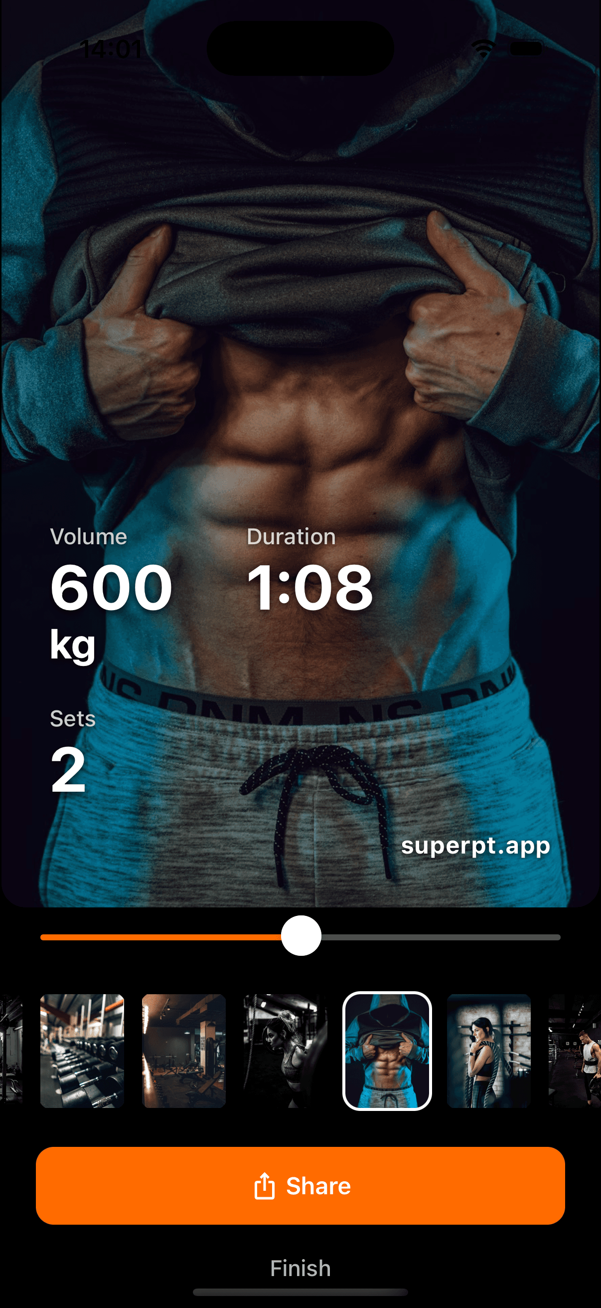 Workout summary card with volume, duration, sets, and share button